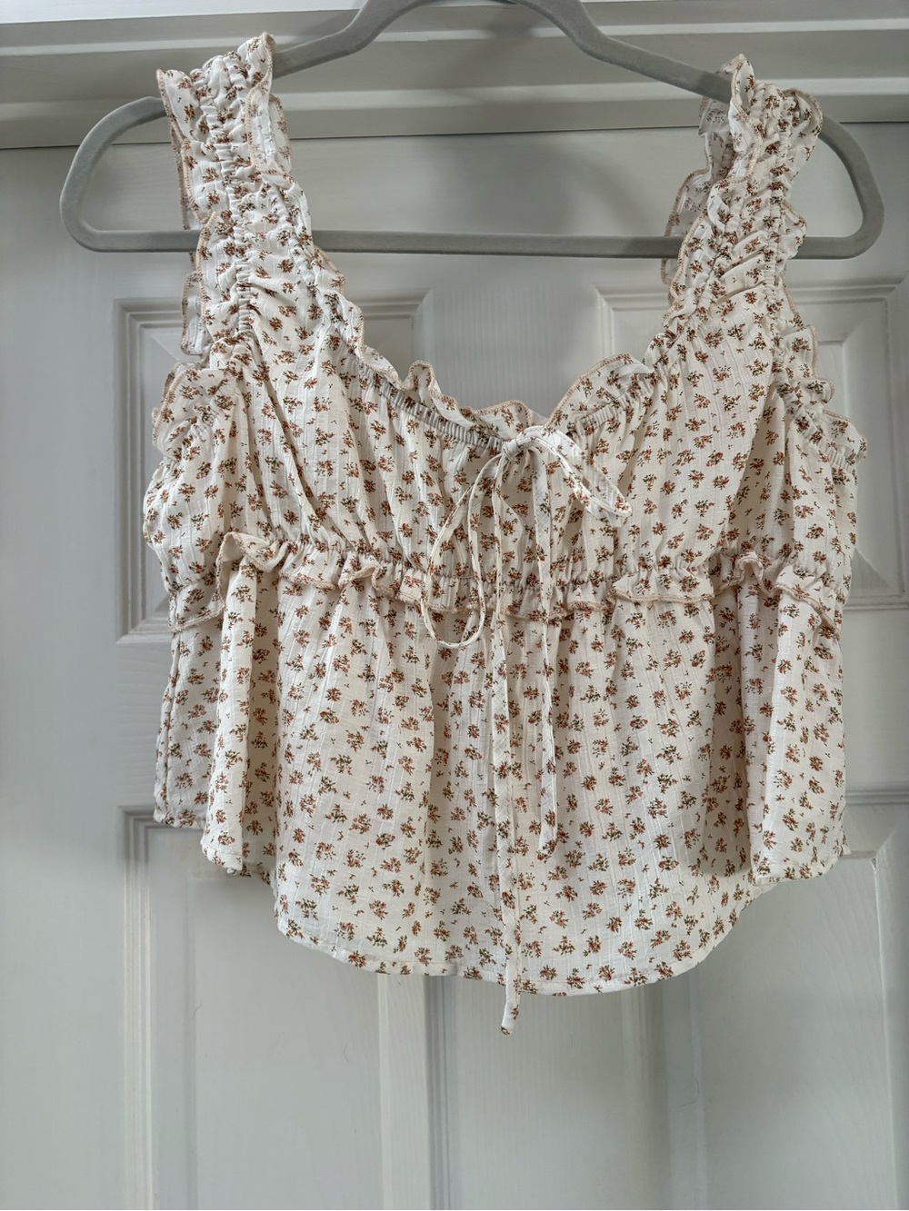 Cream Floral Ruffle Tie-Front Tank Top